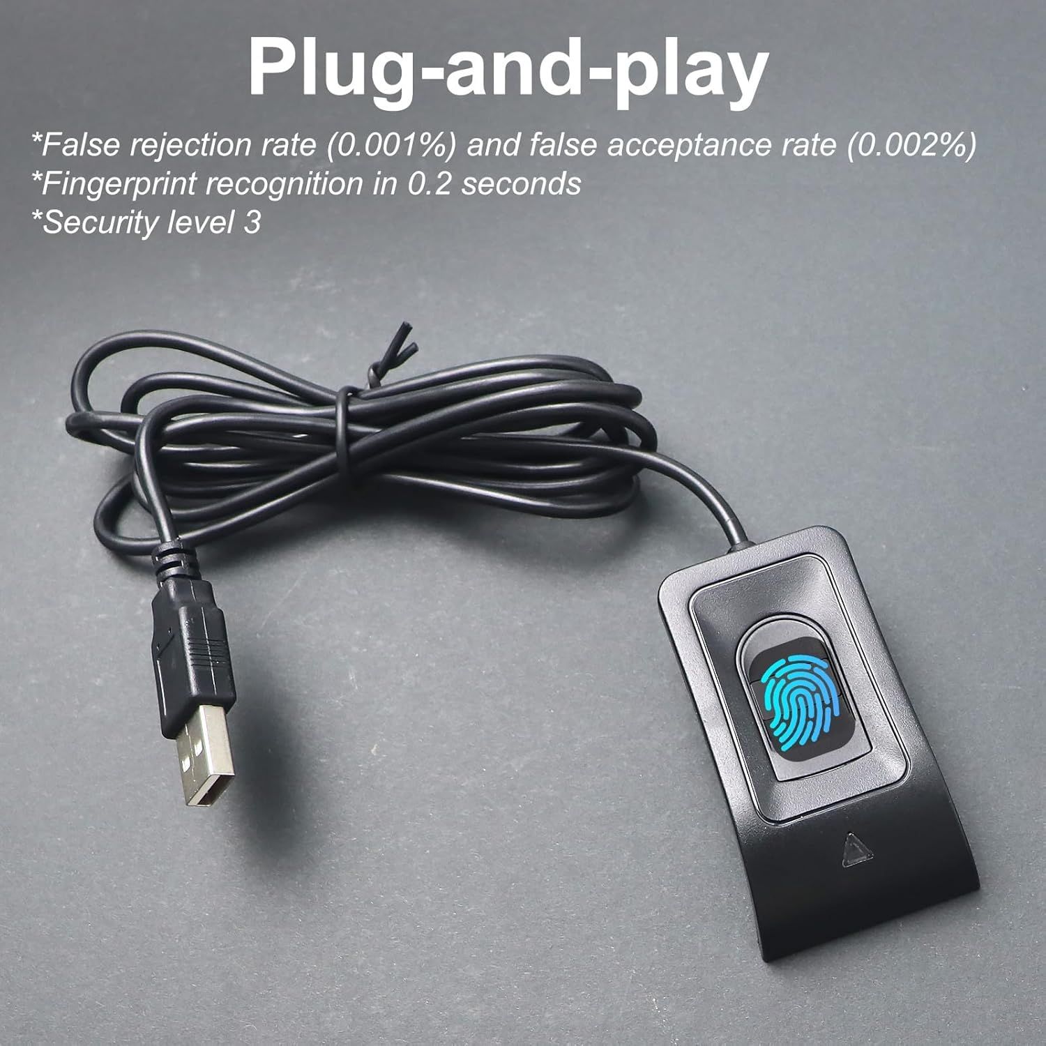 Communicates multiple technical benefits of the fingerprint scanner including ease of use, speed, accuracy, and security to reassure shoppers of the product's reliability and performance.