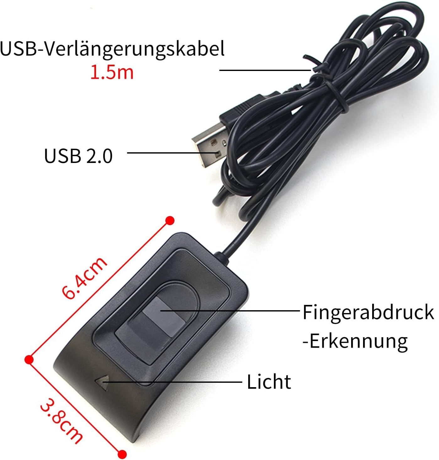 This image breaks down the physical components and specifications of the USB fingerprint reader, helping shoppers understand what parts and features the device includes and its exact size.