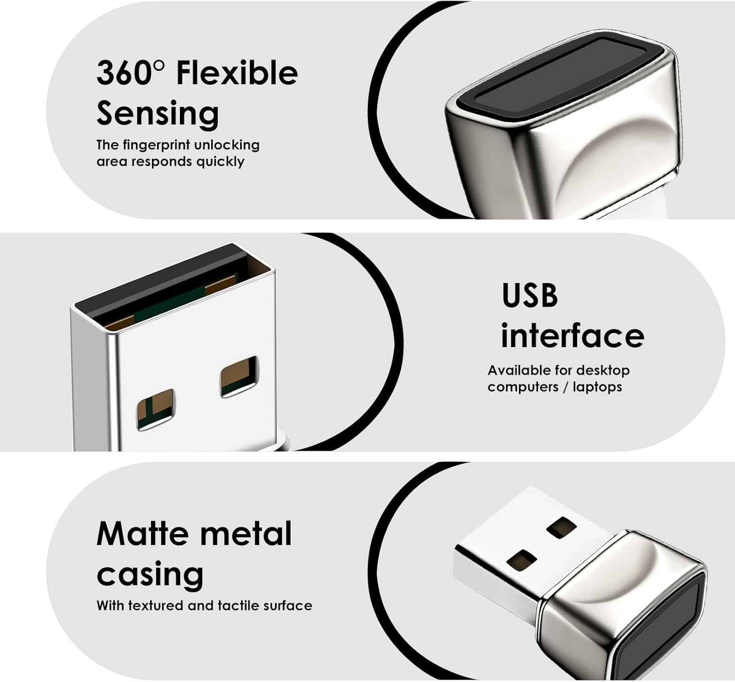 Showcases three distinct product benefits in a segmented layout: the fingerprint sensor's 360° flexibility and quick response, USB compatibility with computers/laptops, and the premium matte metal…