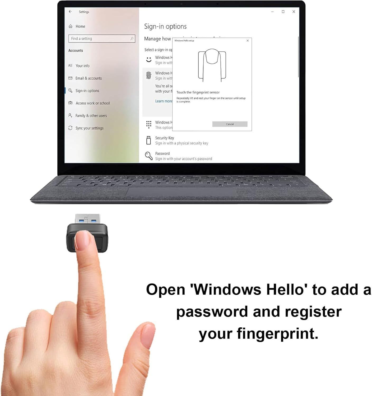 Instructs the shopper on how to set up and register their fingerprint using Windows Hello for secure sign-in, demonstrating the ease of biometric authentication setup. Highlights the fingerprint…
