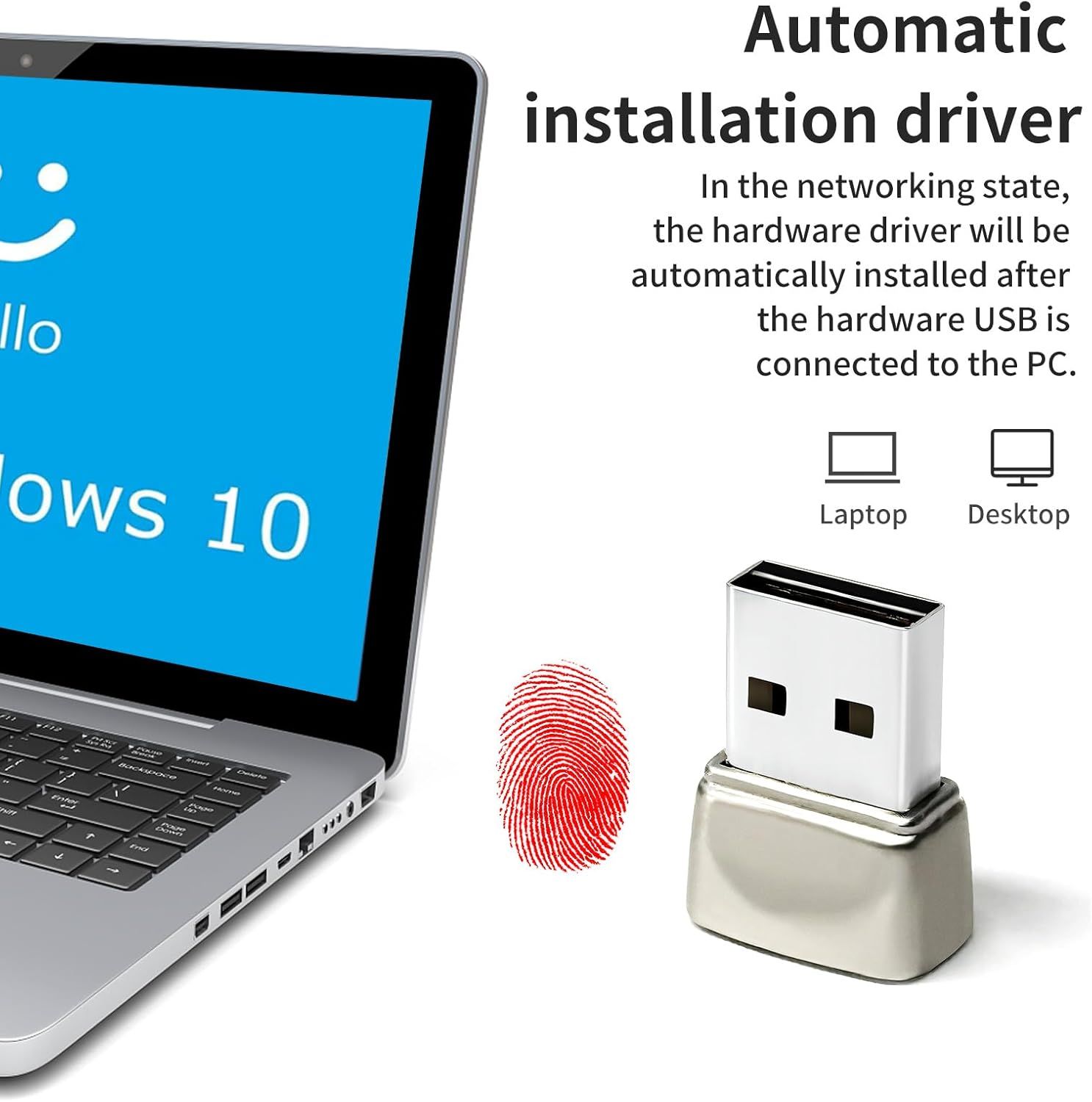 Communicates that the USB fingerprint reader features automatic driver installation when connected to a PC, emphasizing ease of setup and compatibility with Windows 10, laptop, and desktop computers.
