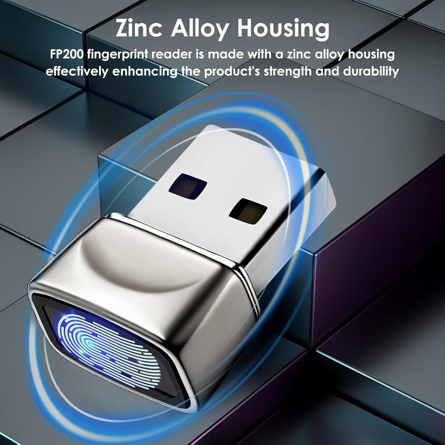 Communicates that the fingerprint reader is built with premium zinc alloy material to enhance strength and durability, reassuring shoppers of the product's quality and longevity.
