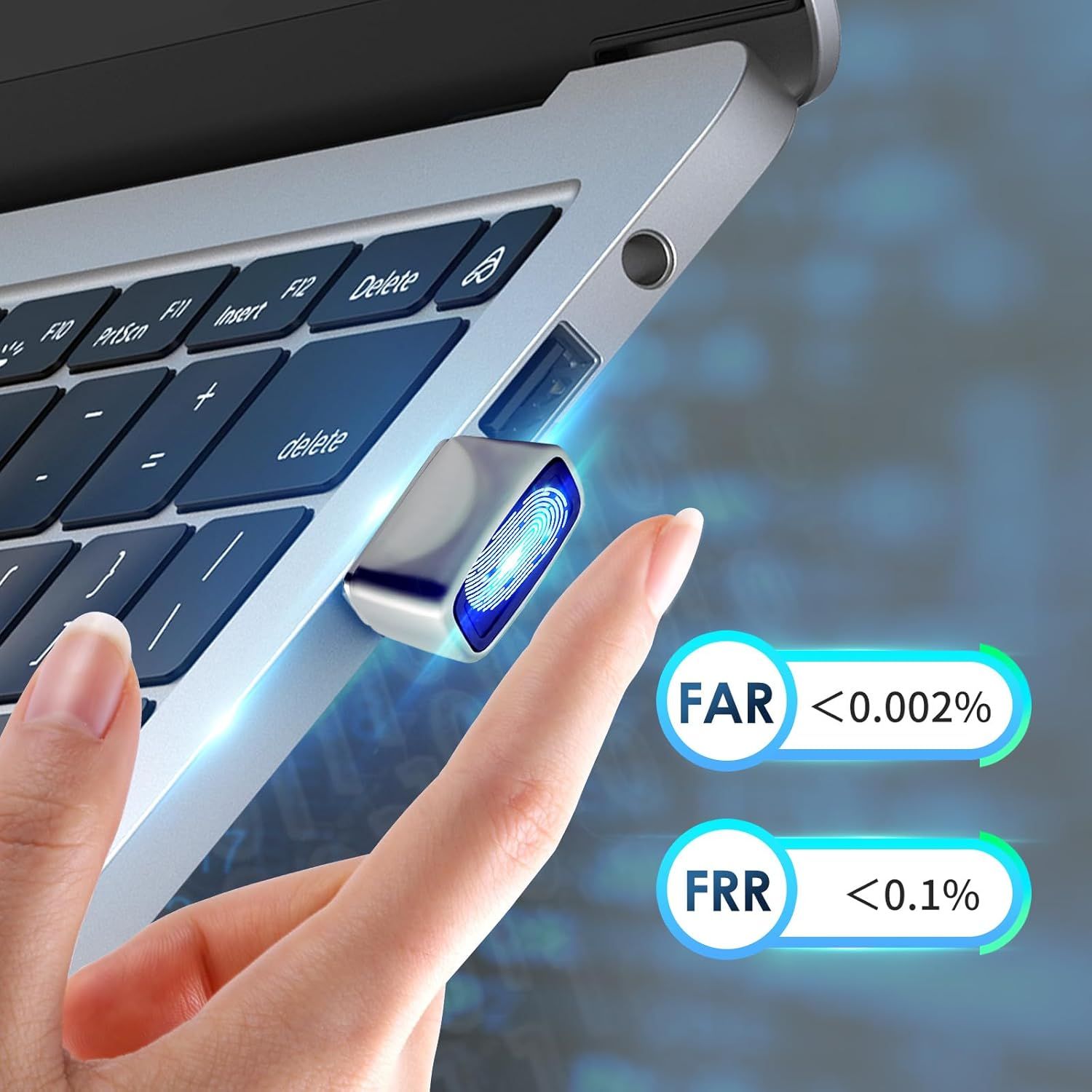 Communicates the fingerprint sensor's high accuracy and reliability through specific performance metrics (False Accept Rate and False Reject Rate) to reassure shoppers about security and…