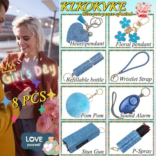 Shows all the items included in the purchase—a complete self-defense accessory bundle with keychains, alarm, spray, and other safety tools—to communicate value and completeness.