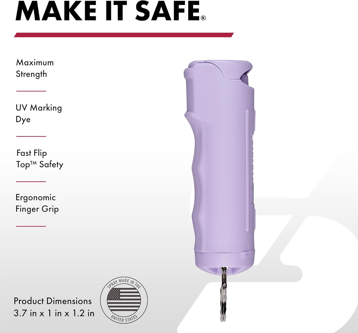 Communicates multiple key safety and usability features of the personal safety spray device to reassure shoppers of its effectiveness, ease of use, and ergonomic design. Provides exact physical…