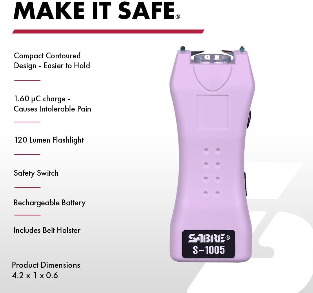 Communicates multiple distinct features and benefits of the stun gun in a segmented list format to inform shoppers of its comprehensive safety capabilities and practical design elements.