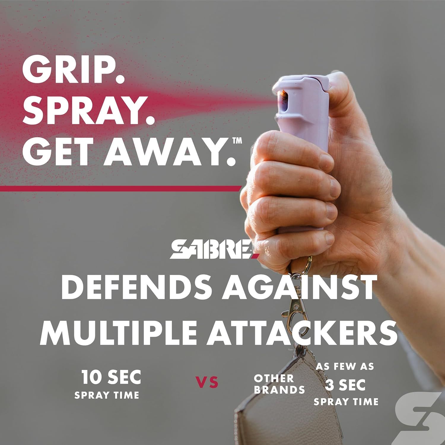 Communicates the product's superior spray duration (10 seconds) compared to competitors (3 seconds) to demonstrate effectiveness against multiple attackers. Directly compares the SABRE product's…