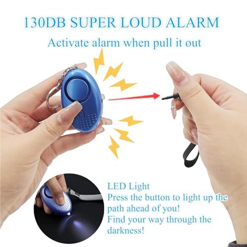 Demonstrates two key safety features of the personal alarm device: the loud 130DB alarm activated by pulling the pin, and the LED light function for visibility in darkness.