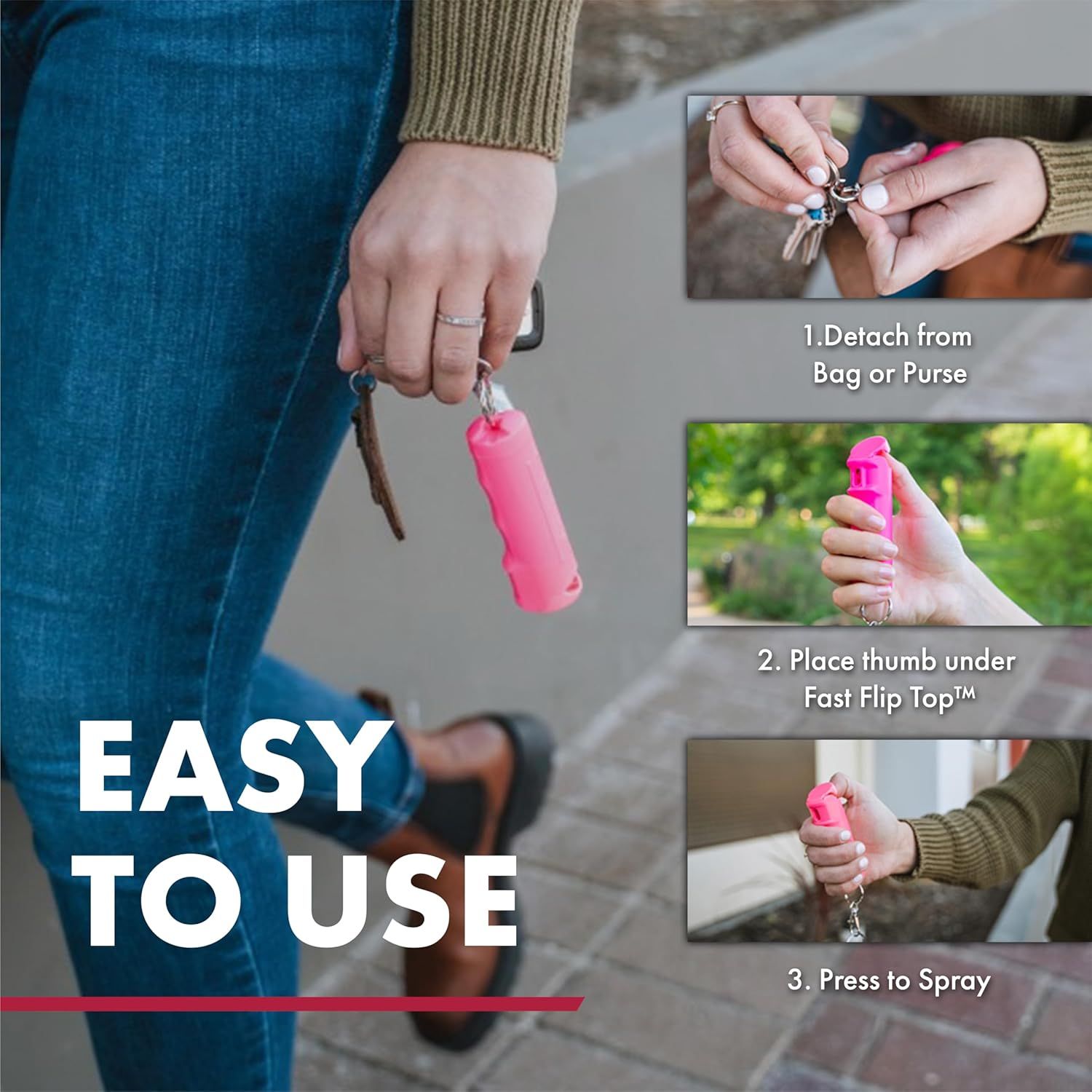 Demonstrates how to use the product in three simple steps: detach from bag, flip the top, and press to spray. Reassures shoppers that the product is convenient and easy to operate.