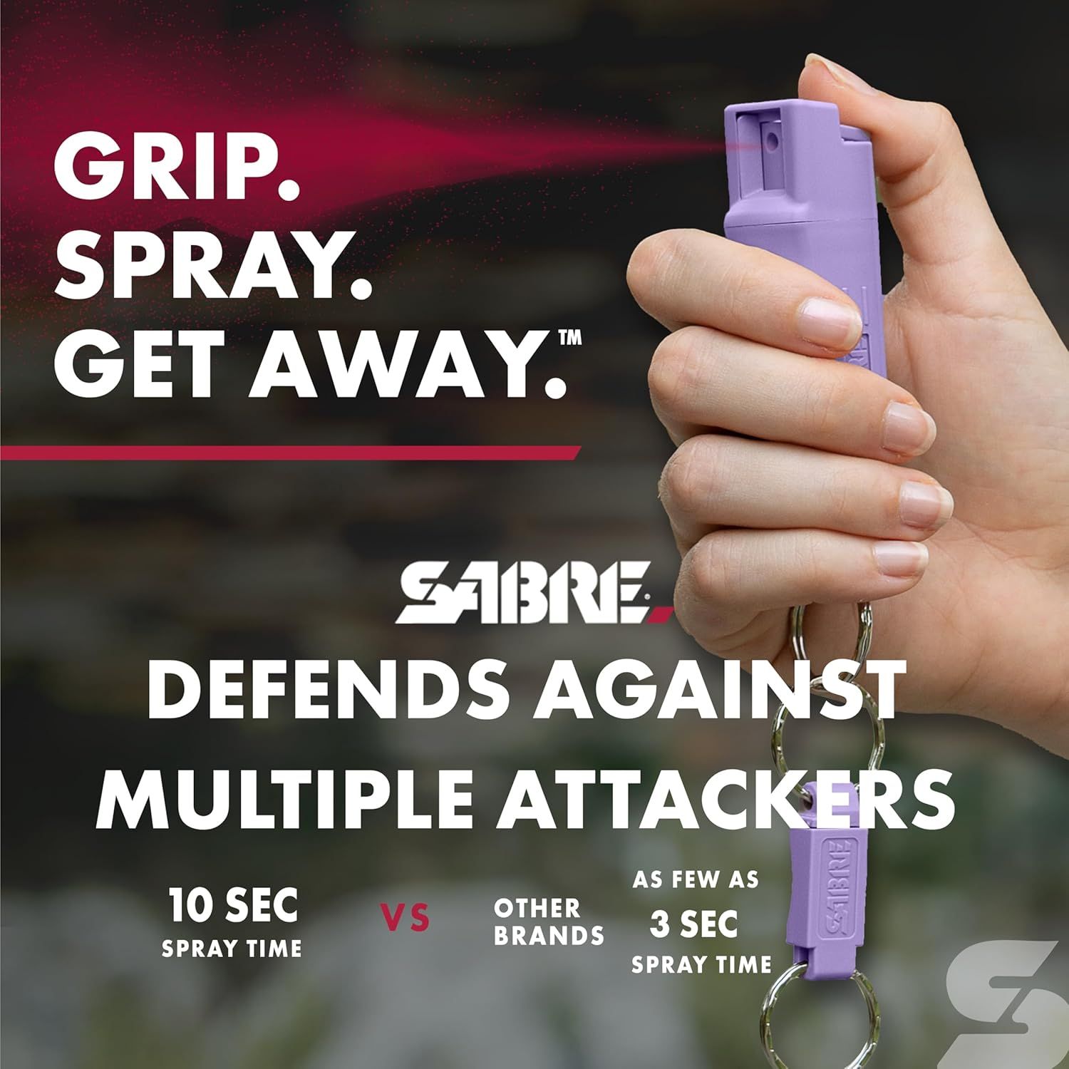 Demonstrates the product's superior spray duration (3 seconds vs. 10 seconds for other brands) to reassure shoppers that this self-defense spray provides longer protection against multiple…