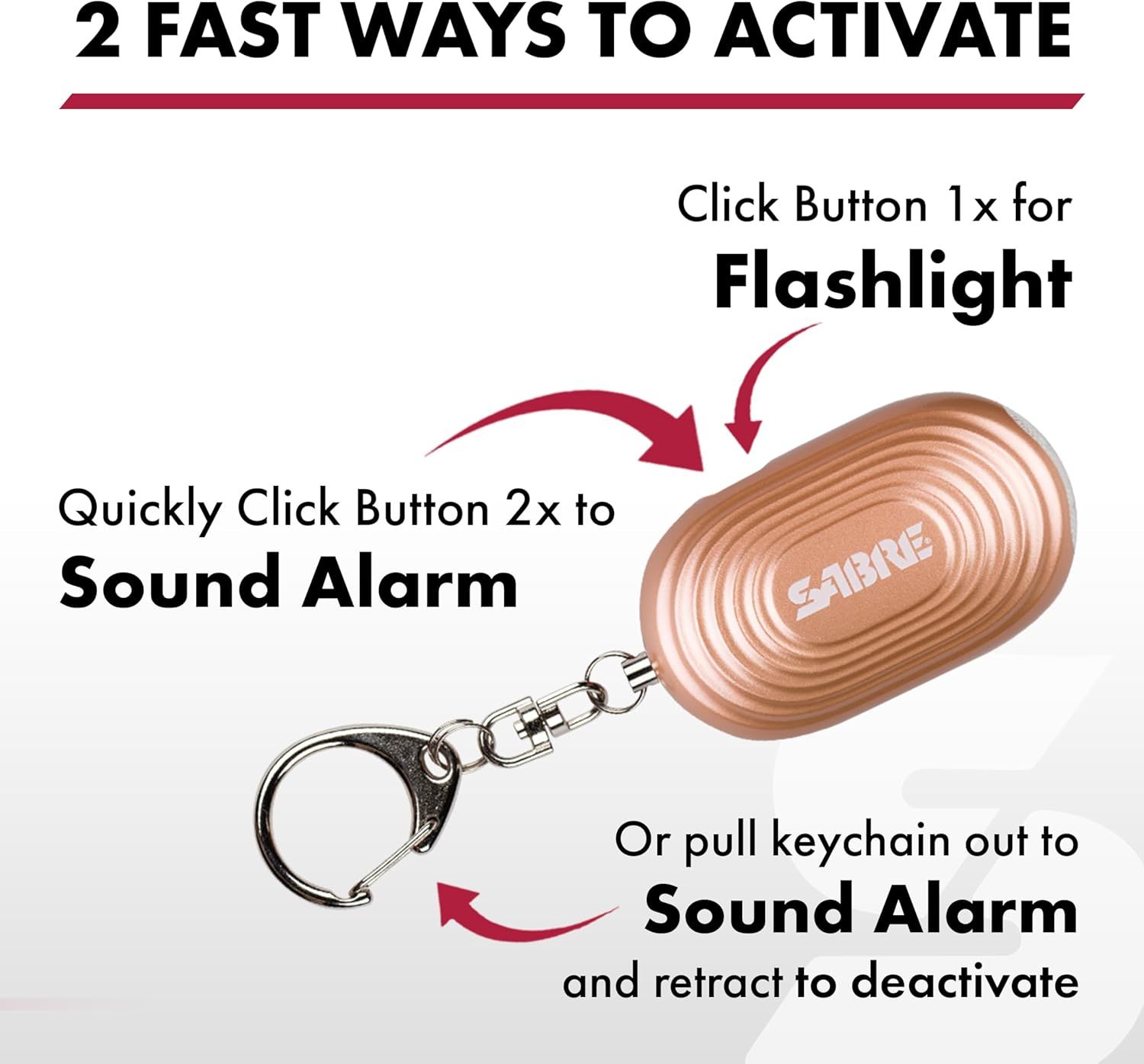 Explains the two different ways to activate the personal alarm device (button clicks for flashlight or alarm, or pulling the keychain), helping shoppers understand ease of use and quick emergency…