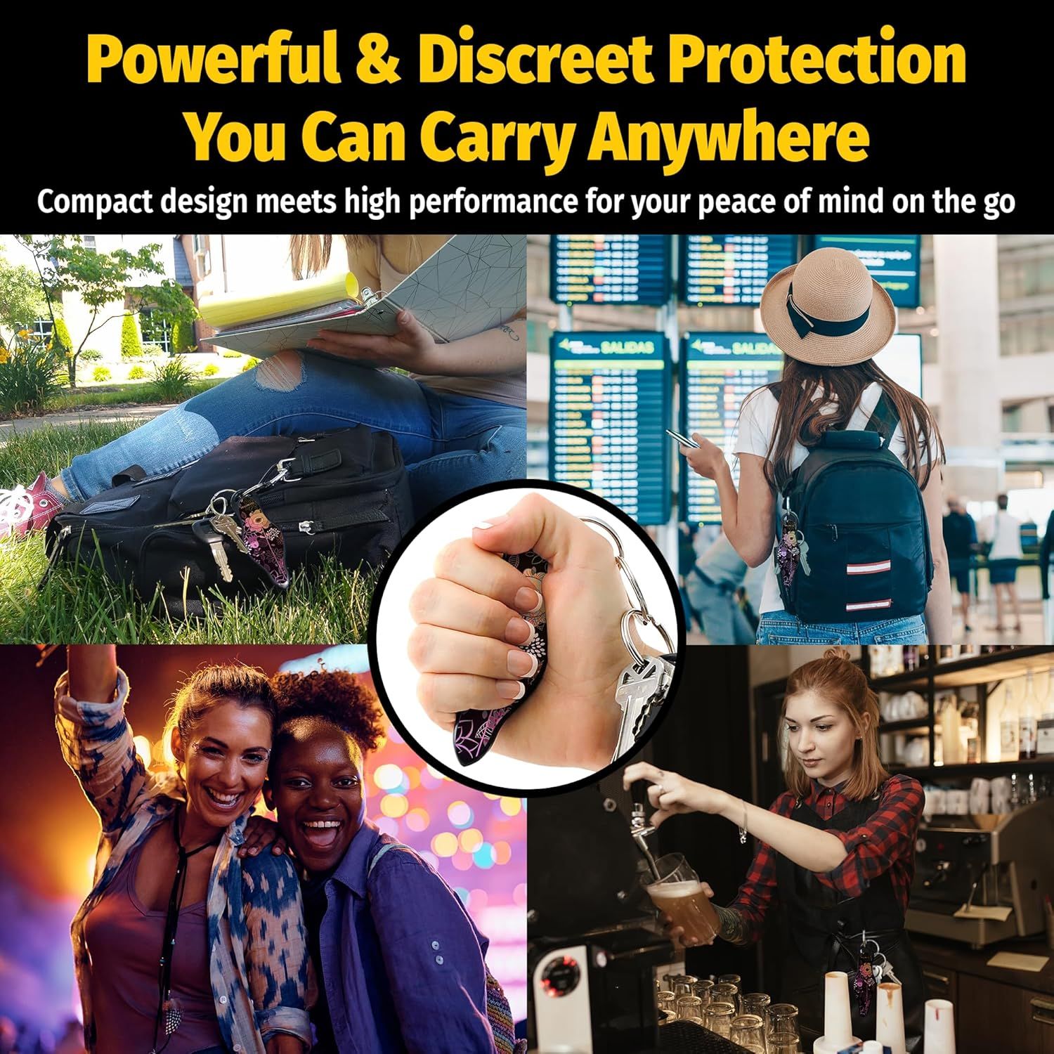 Demonstrates the versatility of the self-defense product by showing it can be carried and used in multiple real-world scenarios including travel, outdoor activities, social events, and everyday…