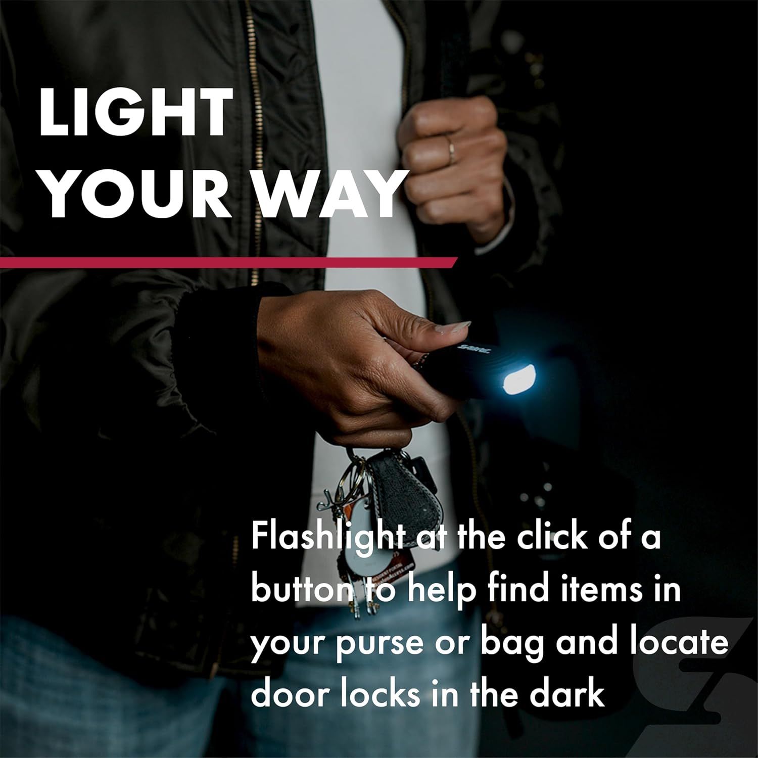 Demonstrates the product's versatility by showing multiple practical applications—finding items in a purse or bag and locating door locks in the dark—to reassure shoppers of its everyday utility.…