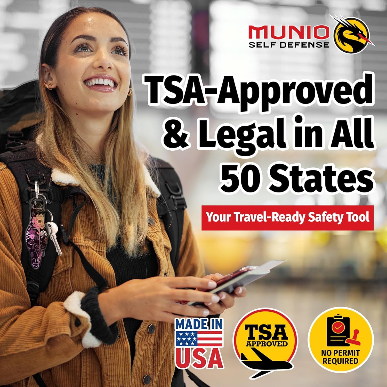 Reassures shoppers that this self-defense product is TSA-approved, legal nationwide, and requires no permit, making it a safe and hassle-free travel companion. Communicates the core benefit that…