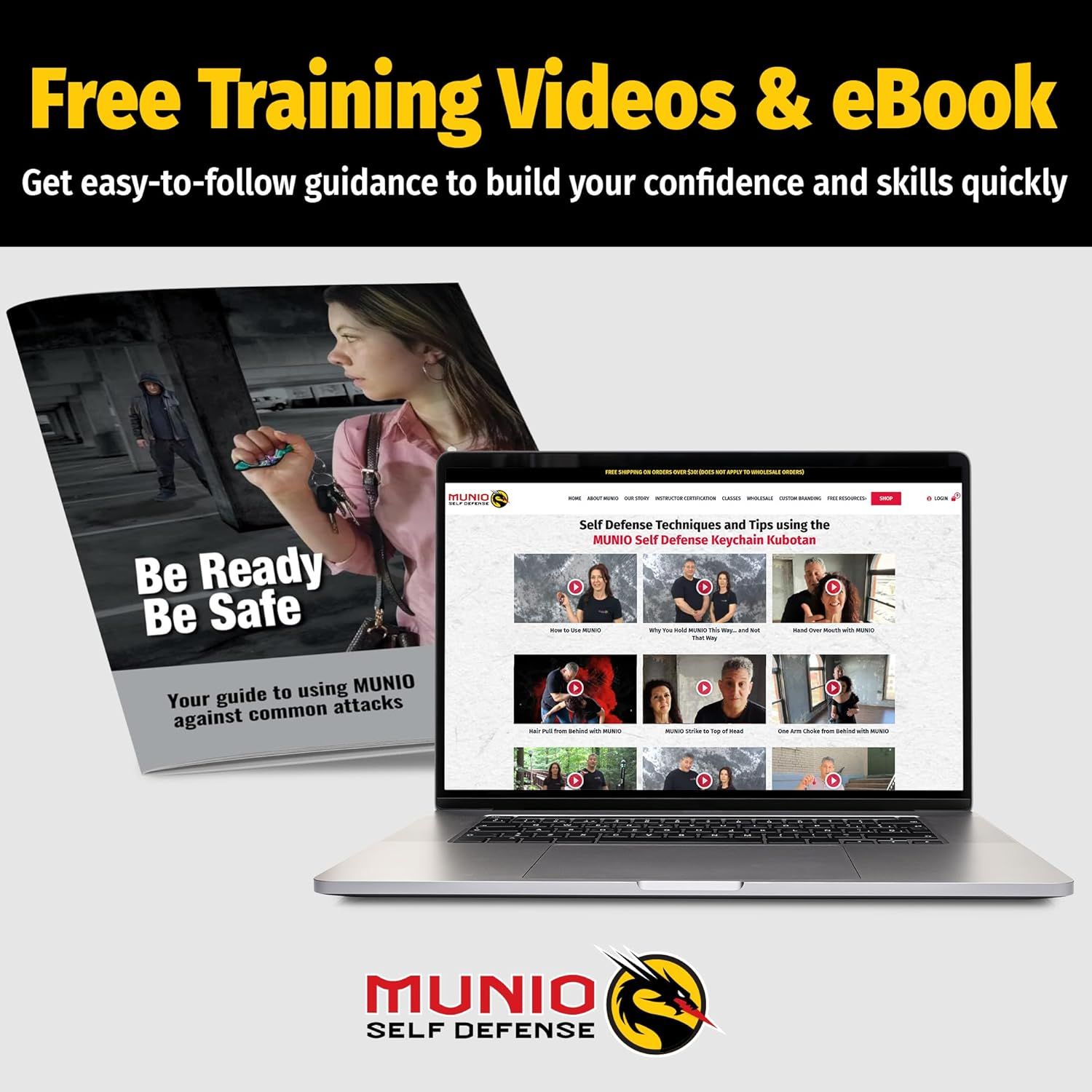 Demonstrates multiple resources and training materials included with the product (videos and eBook) to show customers the variety of ways they can learn self-defense techniques. Shows what the…