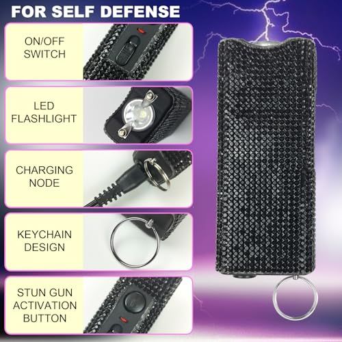 This image breaks down the self-defense device by labeling and pointing to each physical component and functional feature, helping shoppers understand what the product includes and how each part…