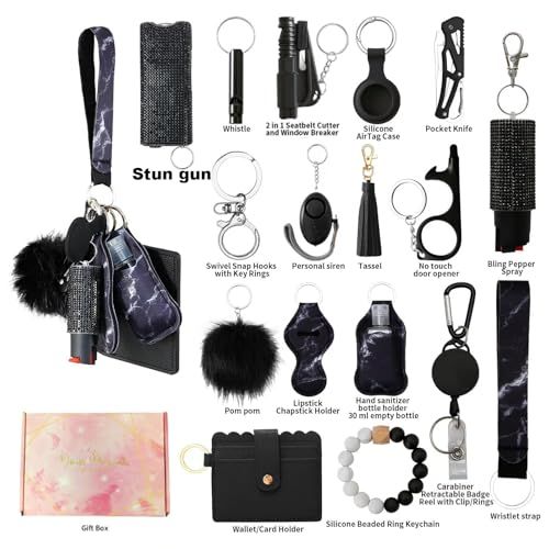 Shows all the items included in the purchase to communicate the comprehensive value and variety of self-defense tools and accessories the customer receives.