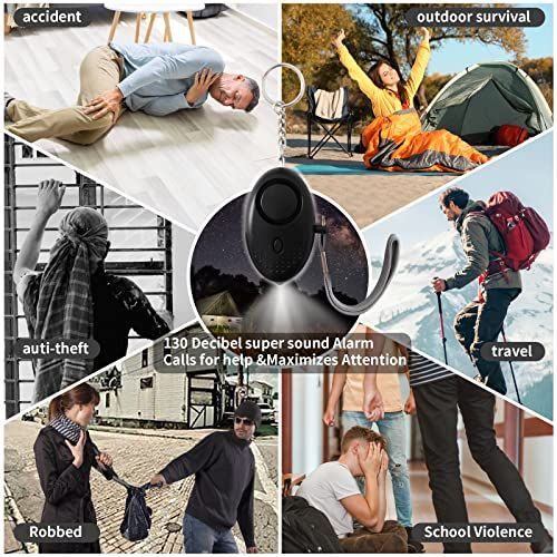 Demonstrates the product's versatility by showing six different emergency scenarios where the 130 decibel alarm can be used to maximize attention and call for help.