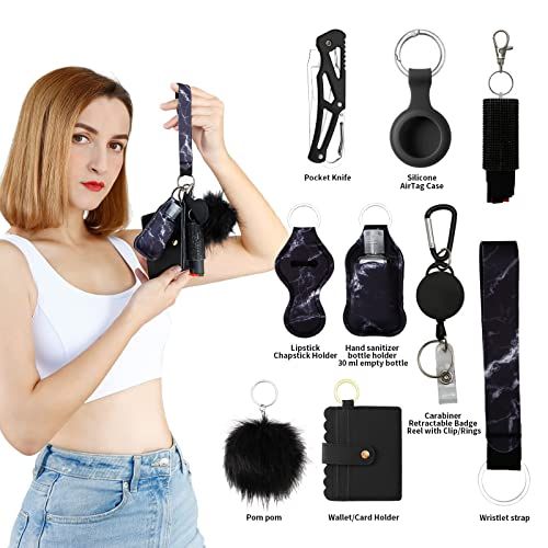 Shows all the items included in the purchase—a comprehensive set of accessories like pocket knife, AirTag case, chapstick holder, hand sanitizer holder, pom pom, wallet, and wristlet strap—to…