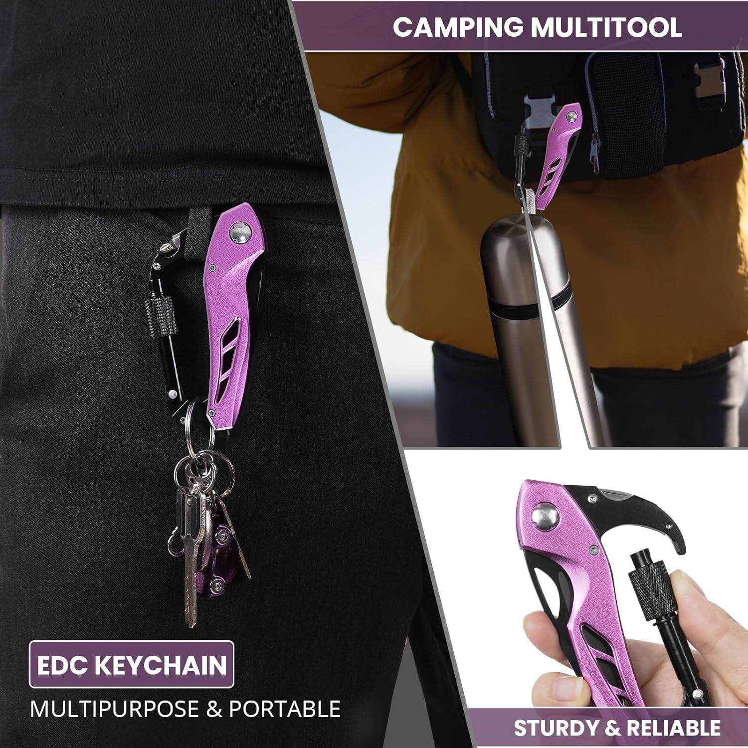 Demonstrates multiple use cases for the camping multitool, showing it can be attached to bags, water bottles, and used as an EDC keychain to communicate versatility and portability.