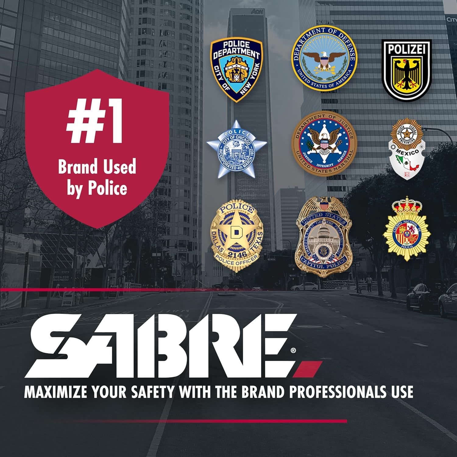 Communicates that the SABRE brand is the #1 choice used by police departments worldwide, building trust and credibility through professional endorsement and authority.