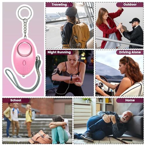 Demonstrates the personal safety alarm's versatility across multiple real-world scenarios (traveling, outdoor activities, night running, driving alone, school, and home) to show shoppers when and…
