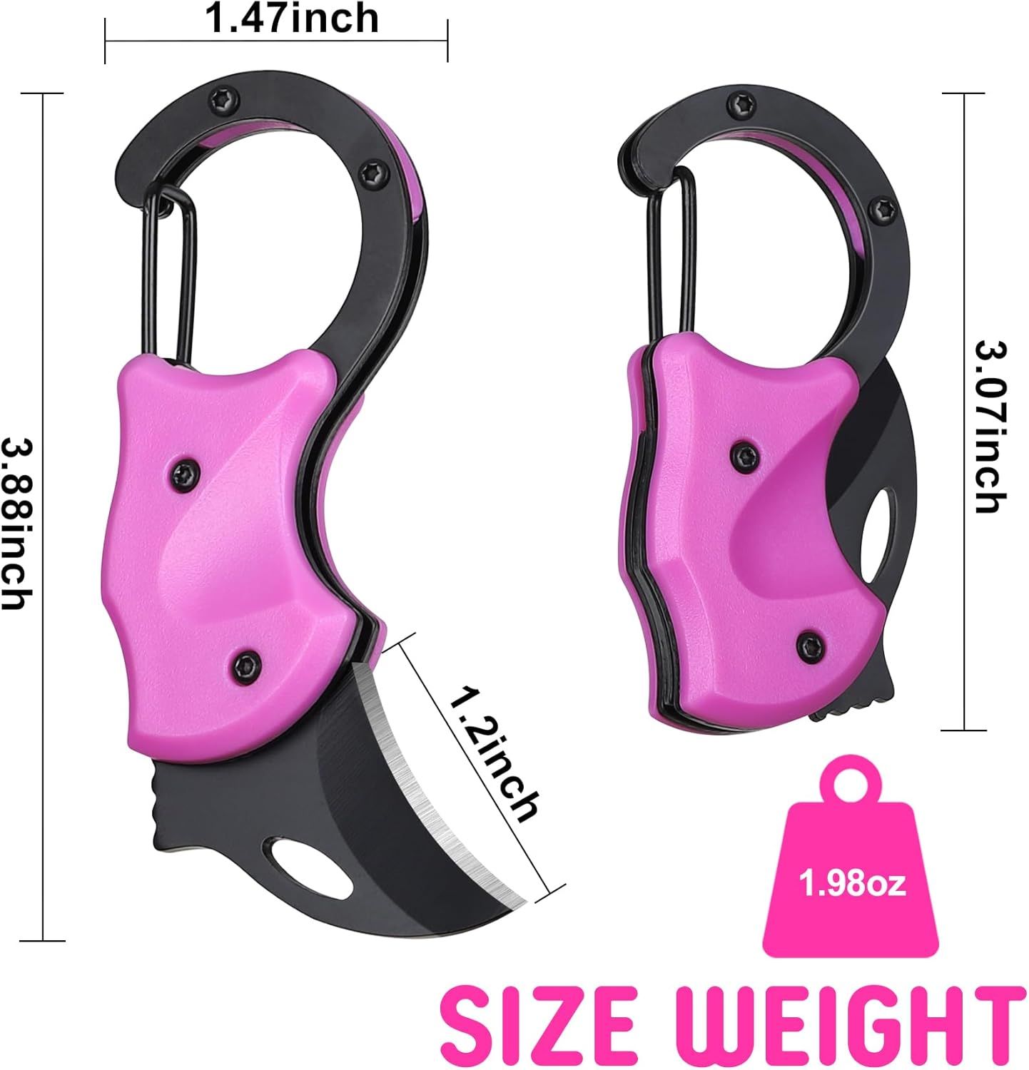 Communicates the exact physical dimensions and weight of the carabiner tool to help shoppers understand its portability and pocket-friendly size.