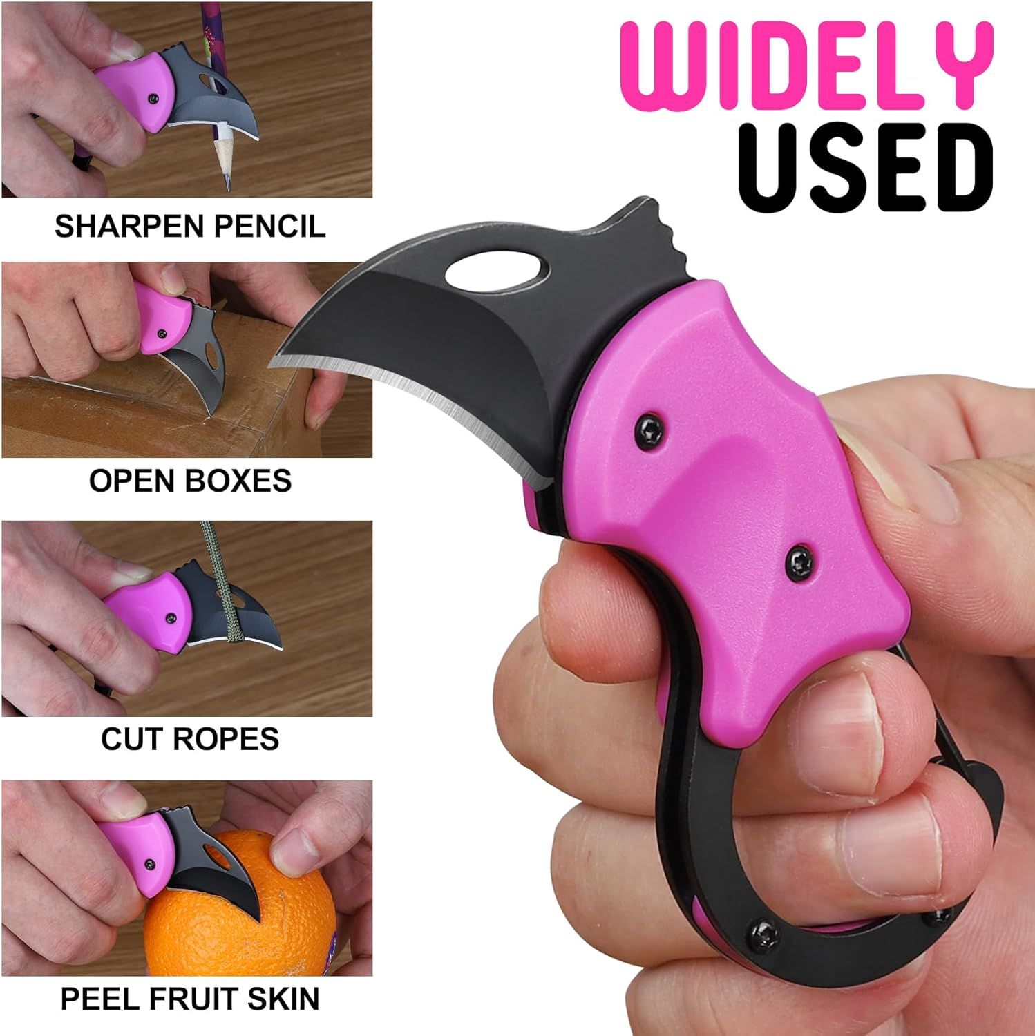 Demonstrates the versatility of this multi-tool by showing four distinct use cases, reassuring shoppers that it's a practical everyday carry item for various tasks.