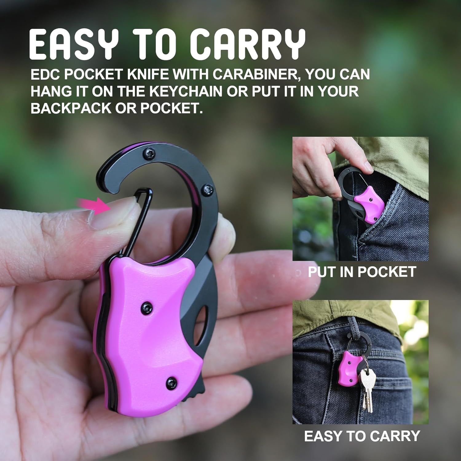 Demonstrates multiple ways to carry the EDC pocket knife (keychain, pocket, backpack) to show its versatility and convenience for everyday carry. Highlights the portability and convenience of the…
