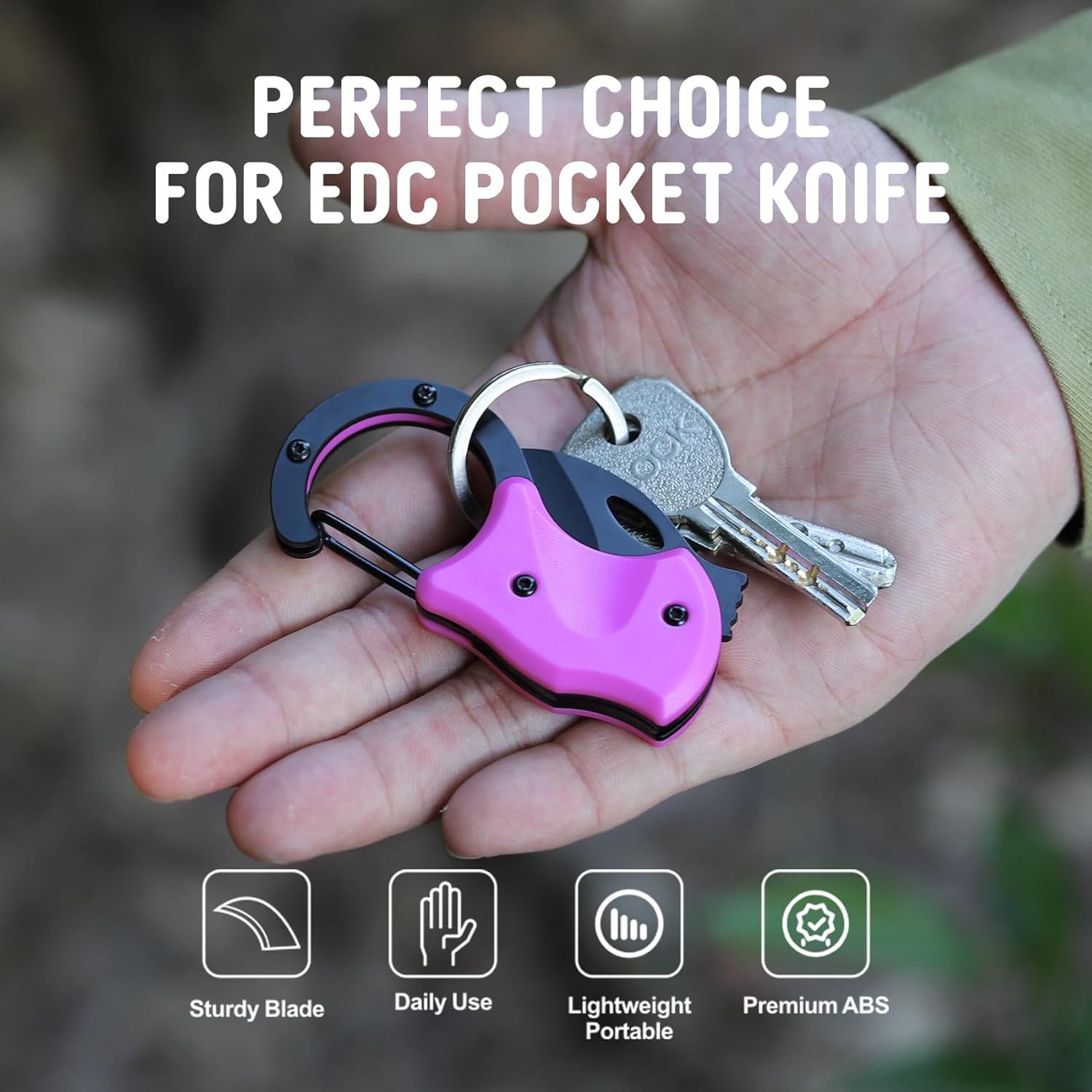 Communicates multiple key benefits of the EDC pocket knife through a segmented icon layout, highlighting durability, everyday usability, portability, and quality materials to reassure shoppers of…