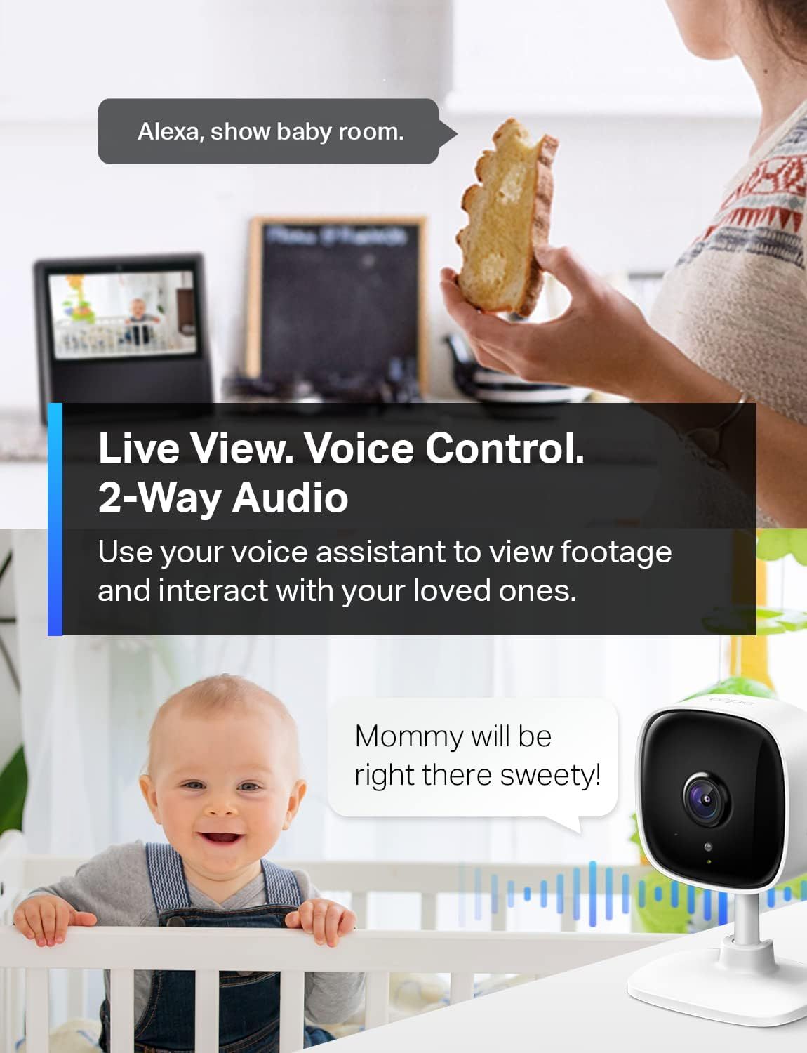 Communicates multiple key features of the baby monitor—live video viewing, voice assistant integration, and two-way audio communication—to show parents how they can stay connected with their baby…
