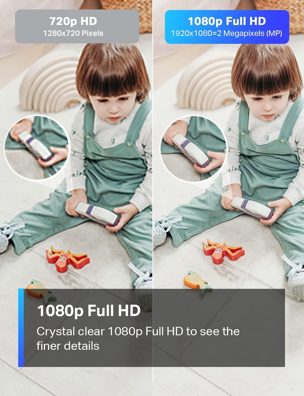 Demonstrates the superior video quality and resolution of the product by showing a side-by-side comparison of 720p HD versus 1080p Full HD, emphasizing crystal clear detail for monitoring. Visually…