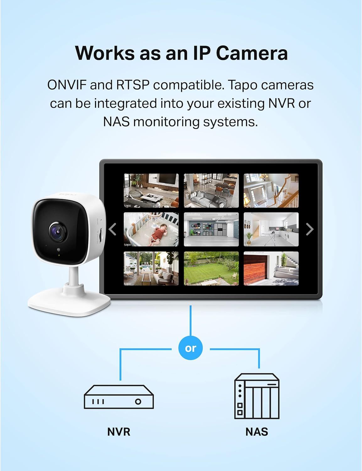 Communicates that the camera is compatible with industry-standard protocols (ONVIF and RTSP) and can integrate into existing NVR or NAS monitoring systems, reassuring shoppers about system…