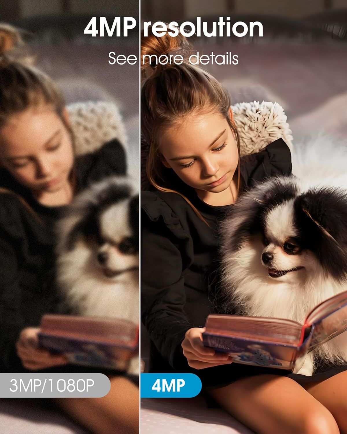 Demonstrates the superior image clarity and detail of the 4MP resolution compared to 3MP/1080P, showing shoppers the visual quality improvement they can expect. Highlights the quantifiable technical…