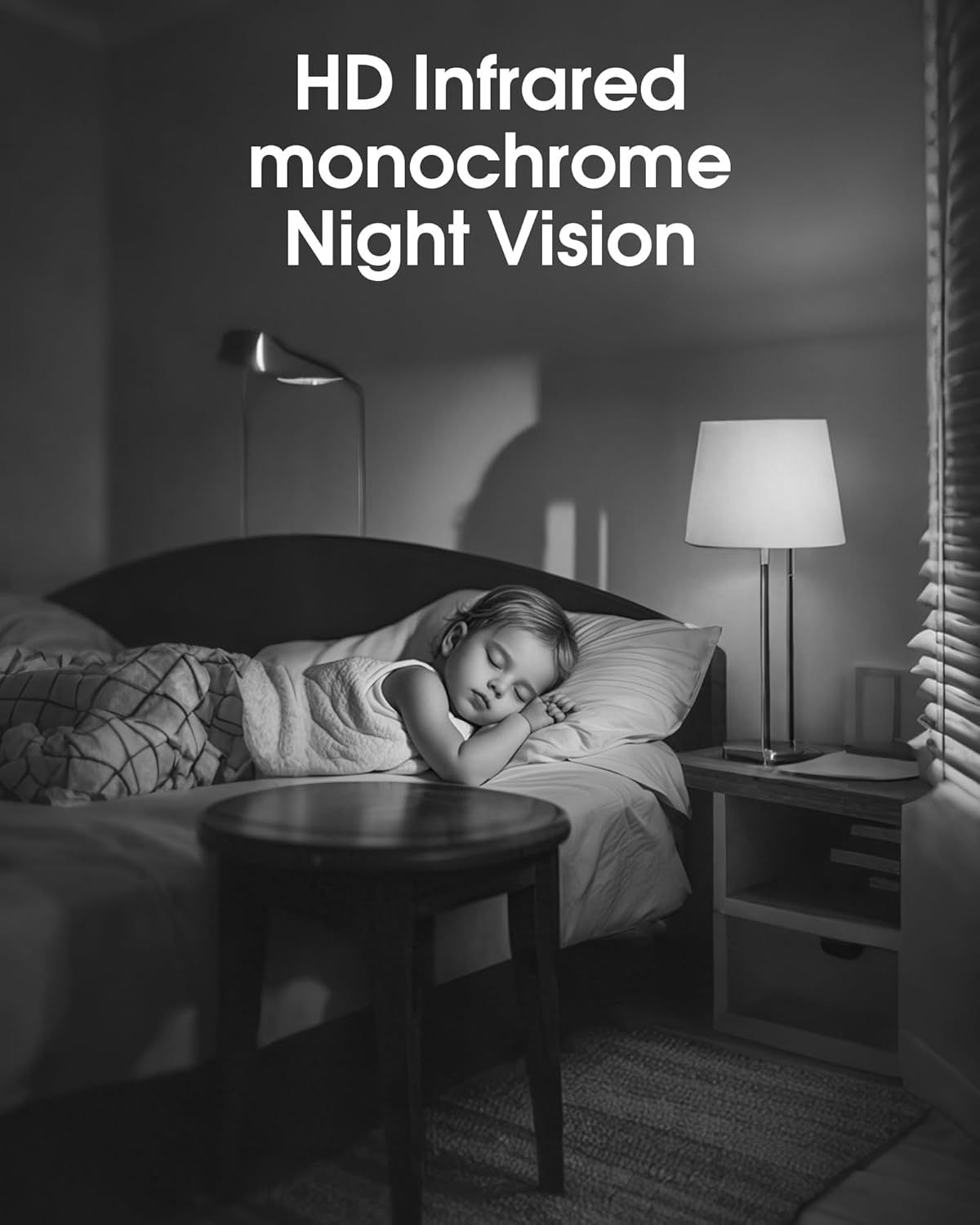 Demonstrates the product's night vision capability by showing a clear monochrome image of a sleeping child in a dark bedroom, reassuring parents they can monitor their child at night.
