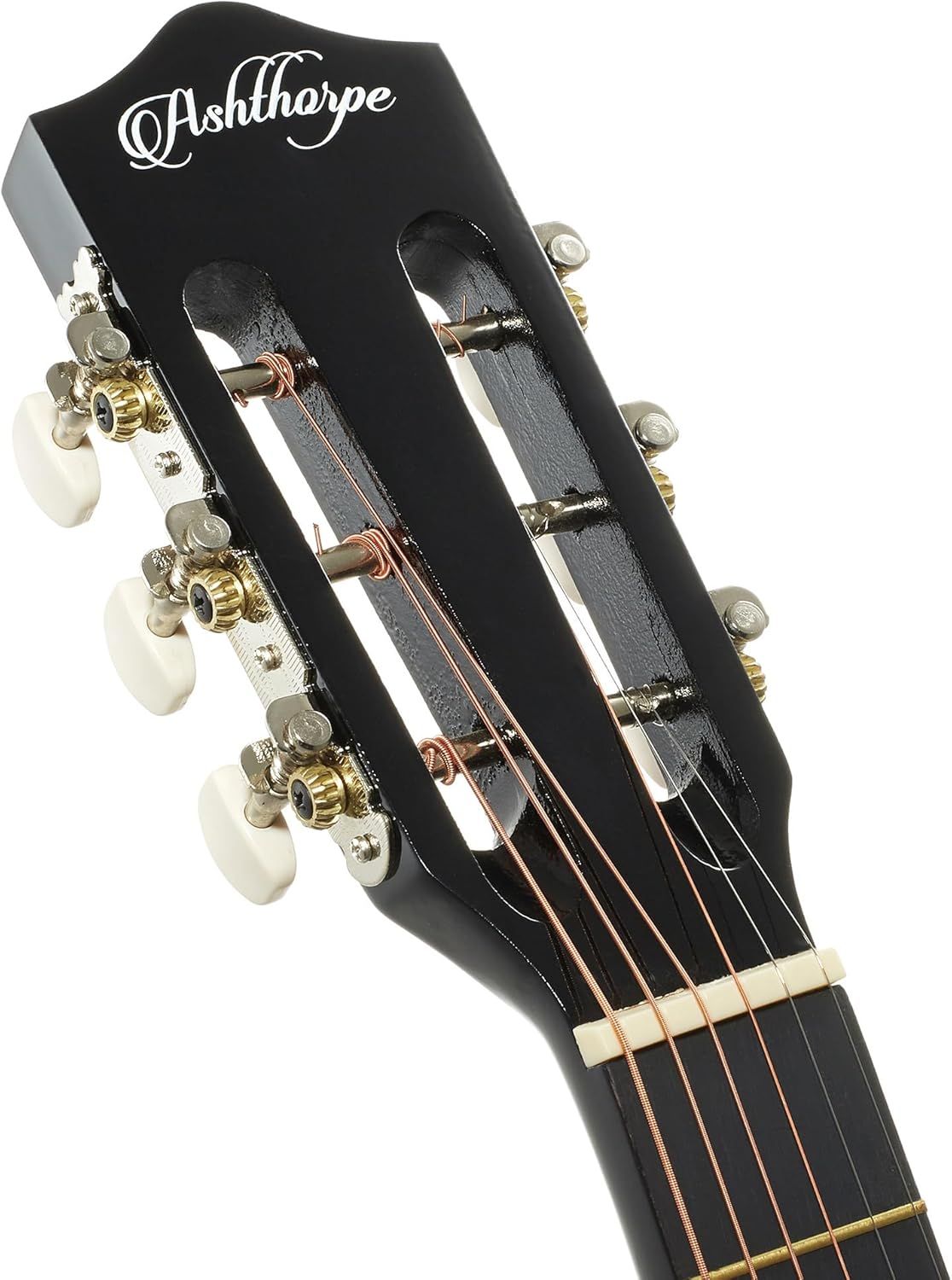 Provides a clean, catalog-style view of the guitar headstock showing the brand logo, tuning pegs, and craftsmanship details on a white background.