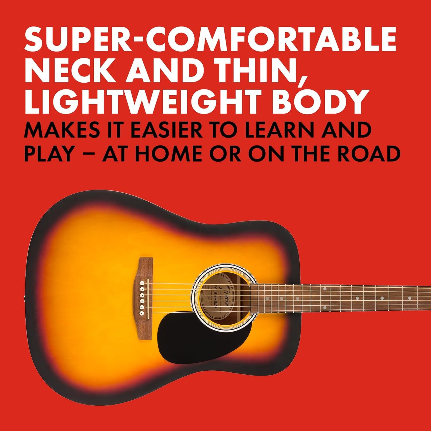 Highlights the guitar's comfortable neck and lightweight design to reassure shoppers that it's easy to learn and play, whether at home or traveling.
