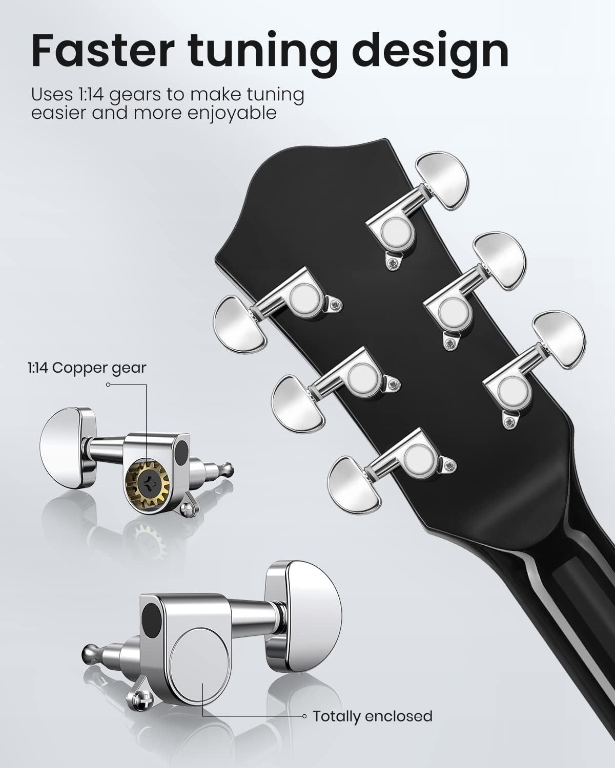 Highlights the internal mechanical components and construction of the guitar tuning pegs, showing the 1:14 copper gear system and enclosed design to communicate precision engineering and quality.…