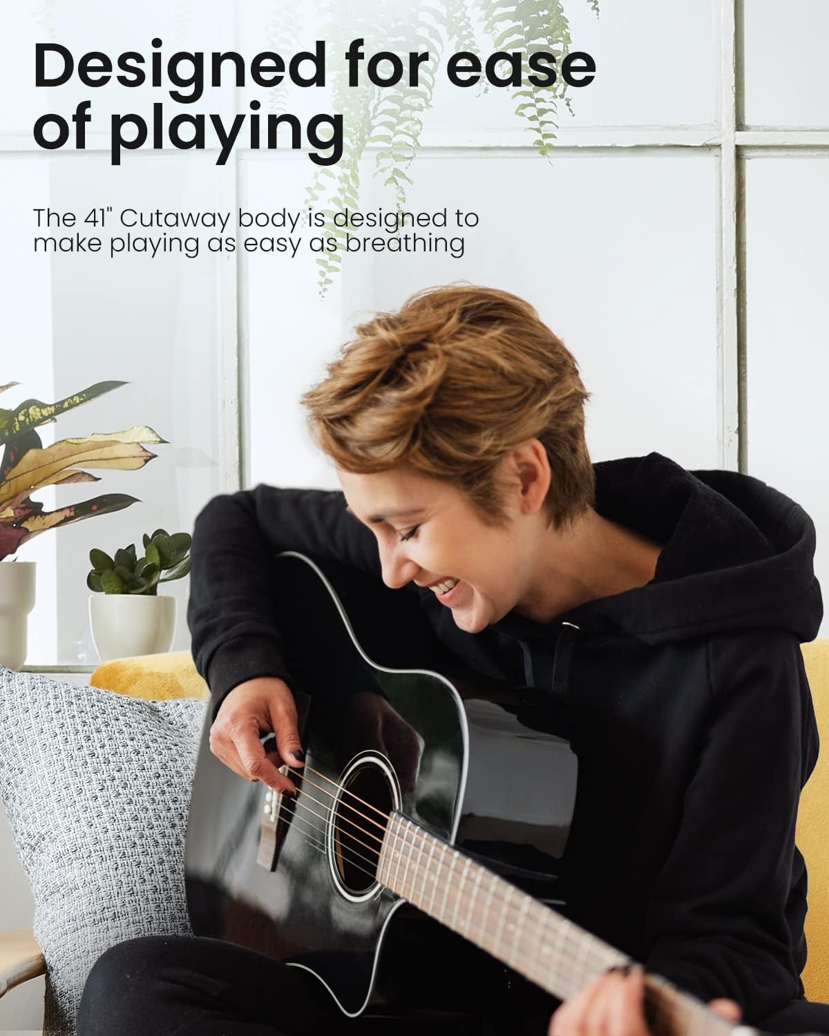 Communicates that the guitar's 41-inch cutaway body design makes it comfortable and easy to play, appealing to beginners or casual players seeking user-friendly instruments.