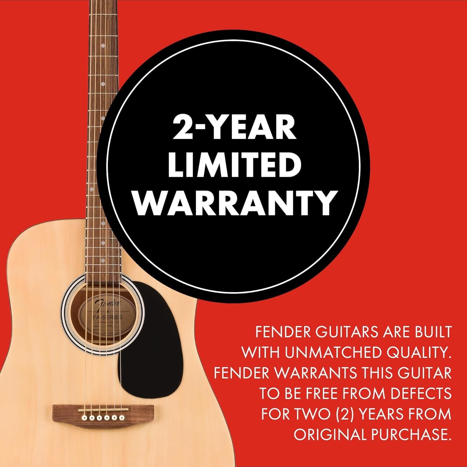 Reassures shoppers that the Fender guitar is backed by a 2-year warranty, emphasizing quality and defect-free guarantee to build trust and confidence in the purchase.