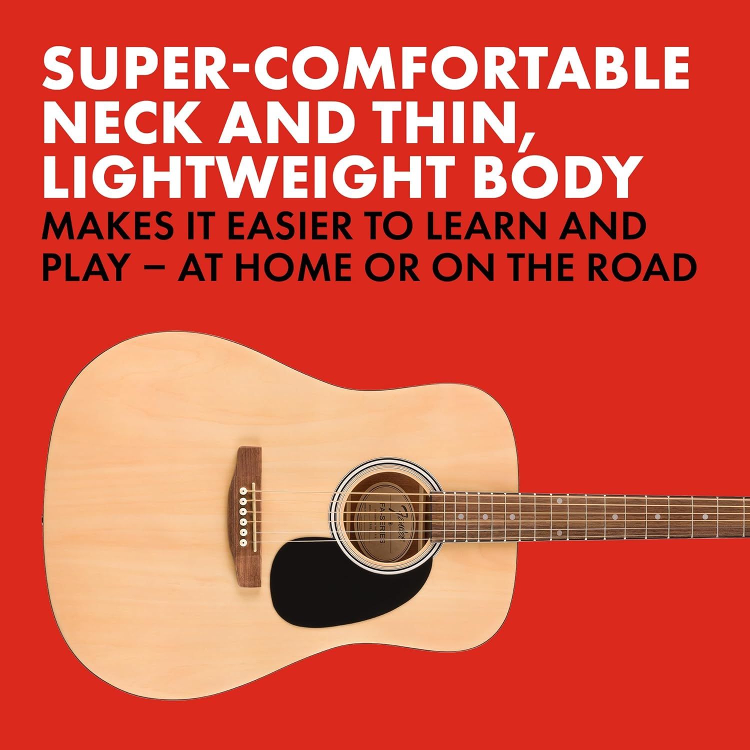 Highlights the guitar's comfortable neck and lightweight design to reassure shoppers that it's easy to learn and play, whether at home or traveling.