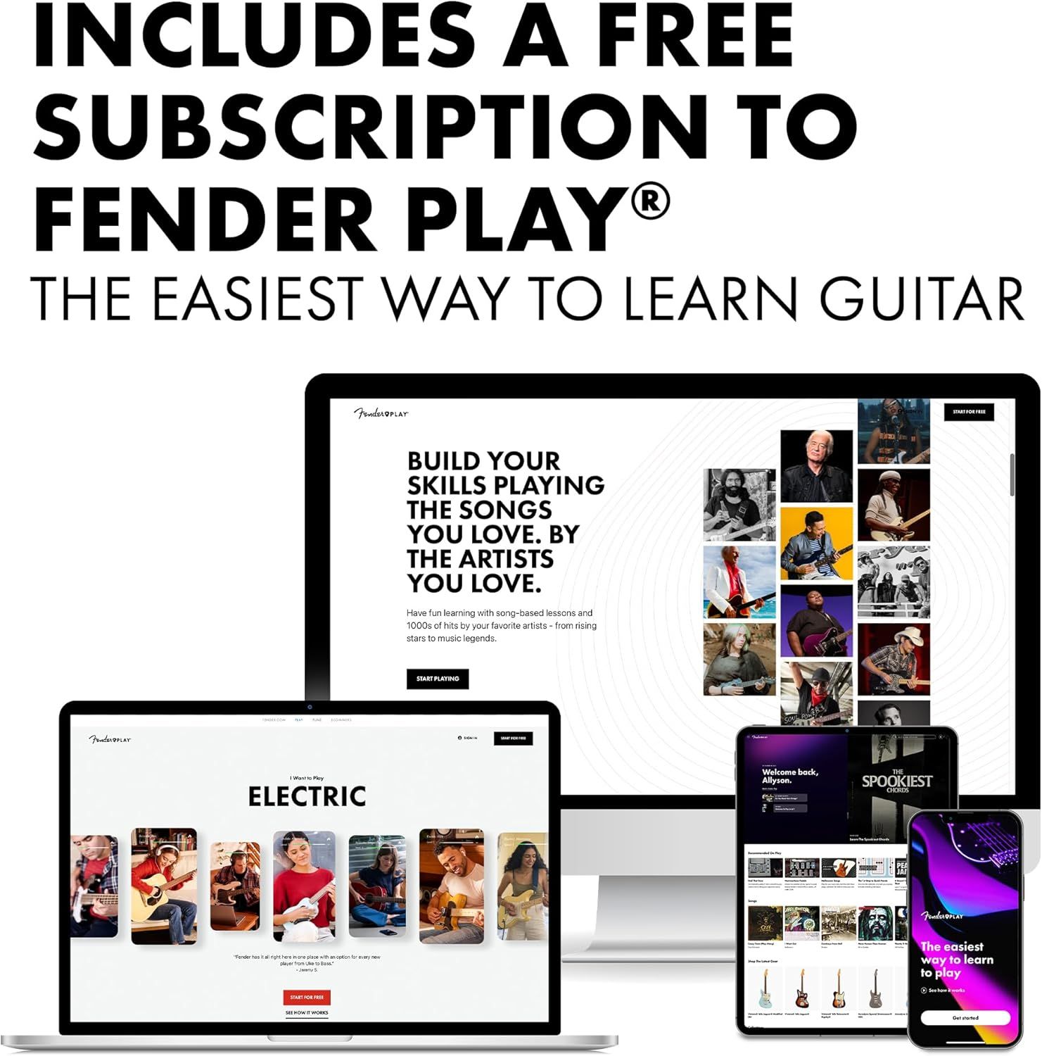 Communicates that the guitar purchase includes a valuable bonus: a free subscription to Fender Play, an online guitar learning platform, adding significant value to the purchase.