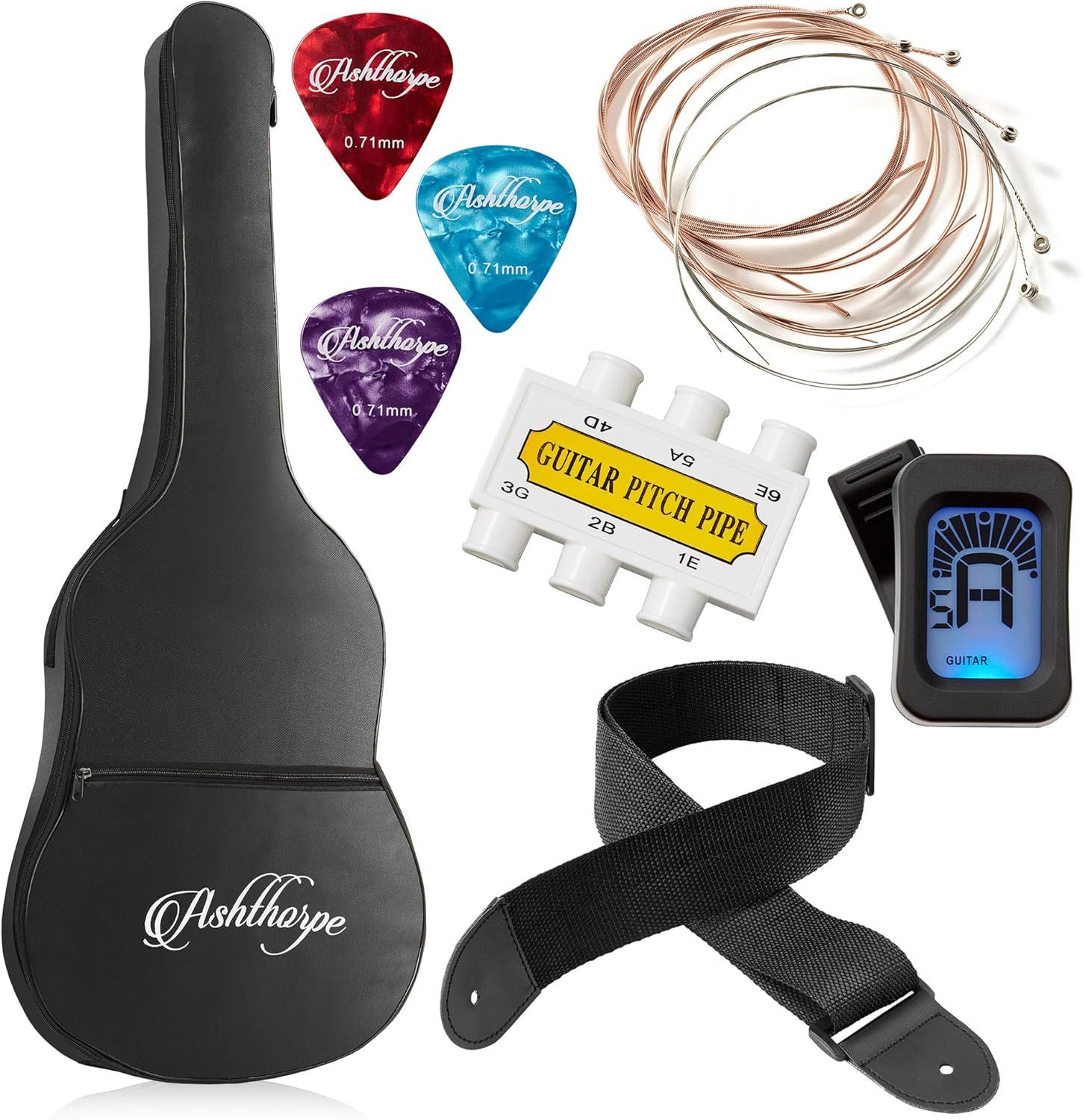 Shows all the accessories included with the purchase to demonstrate value and completeness of the bundle, including case, picks, strings, tuner, strap, and pitch pipe.