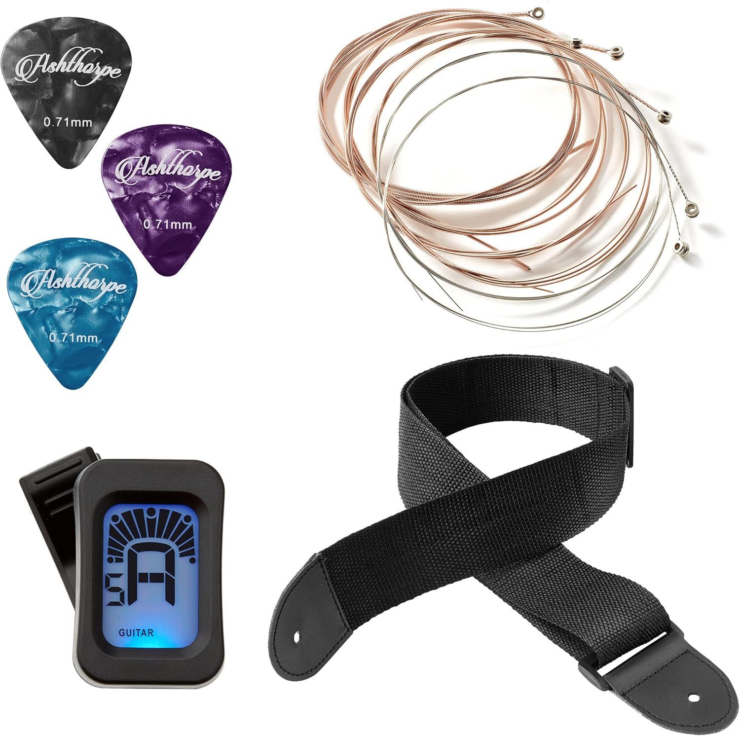 Shows all the items included in the purchase—guitar picks, strings, tuner, and strap—to help shoppers understand the complete value of the bundle.