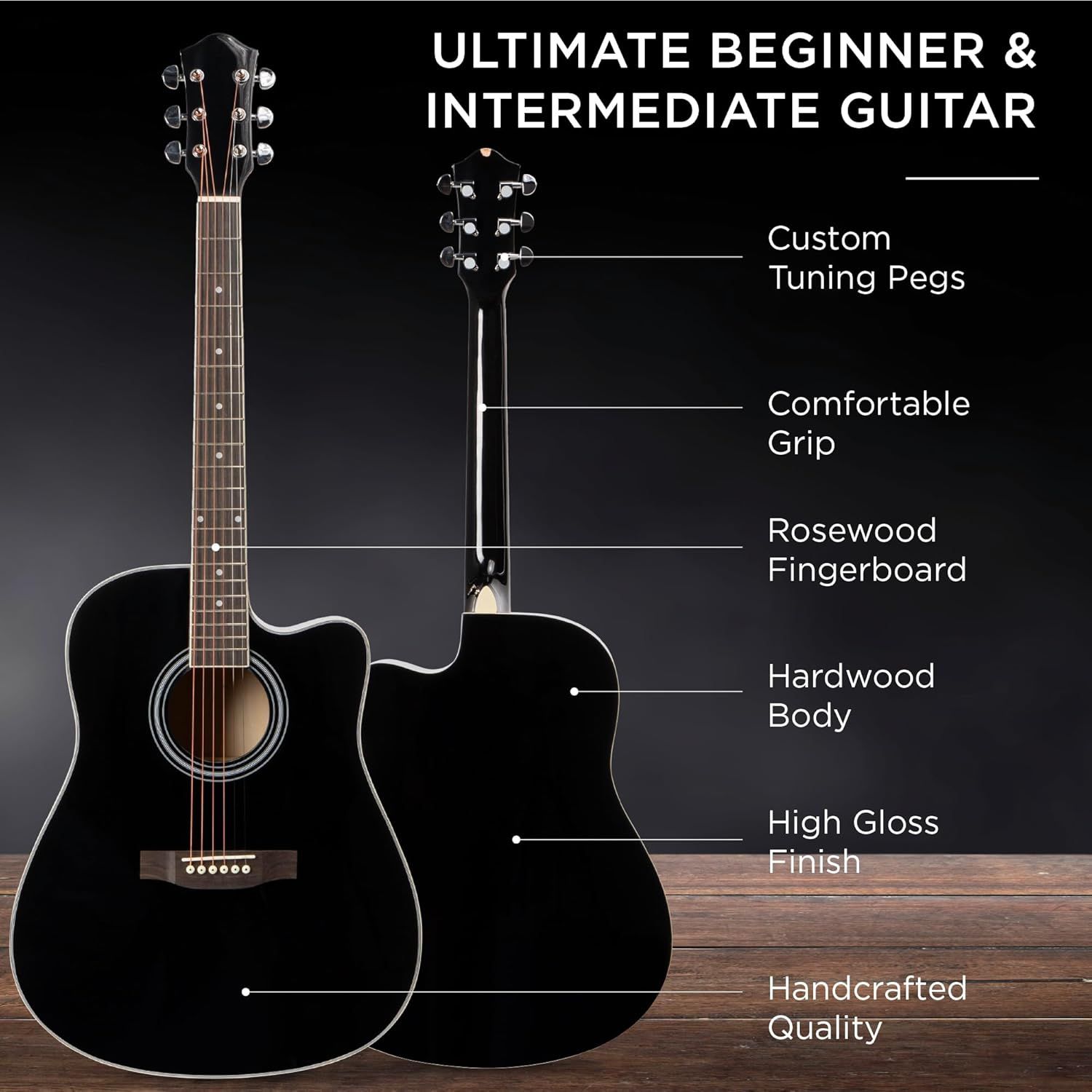 This image breaks down the guitar's physical components and construction features to help shoppers understand the quality materials and craftsmanship that make it suitable for beginner and…