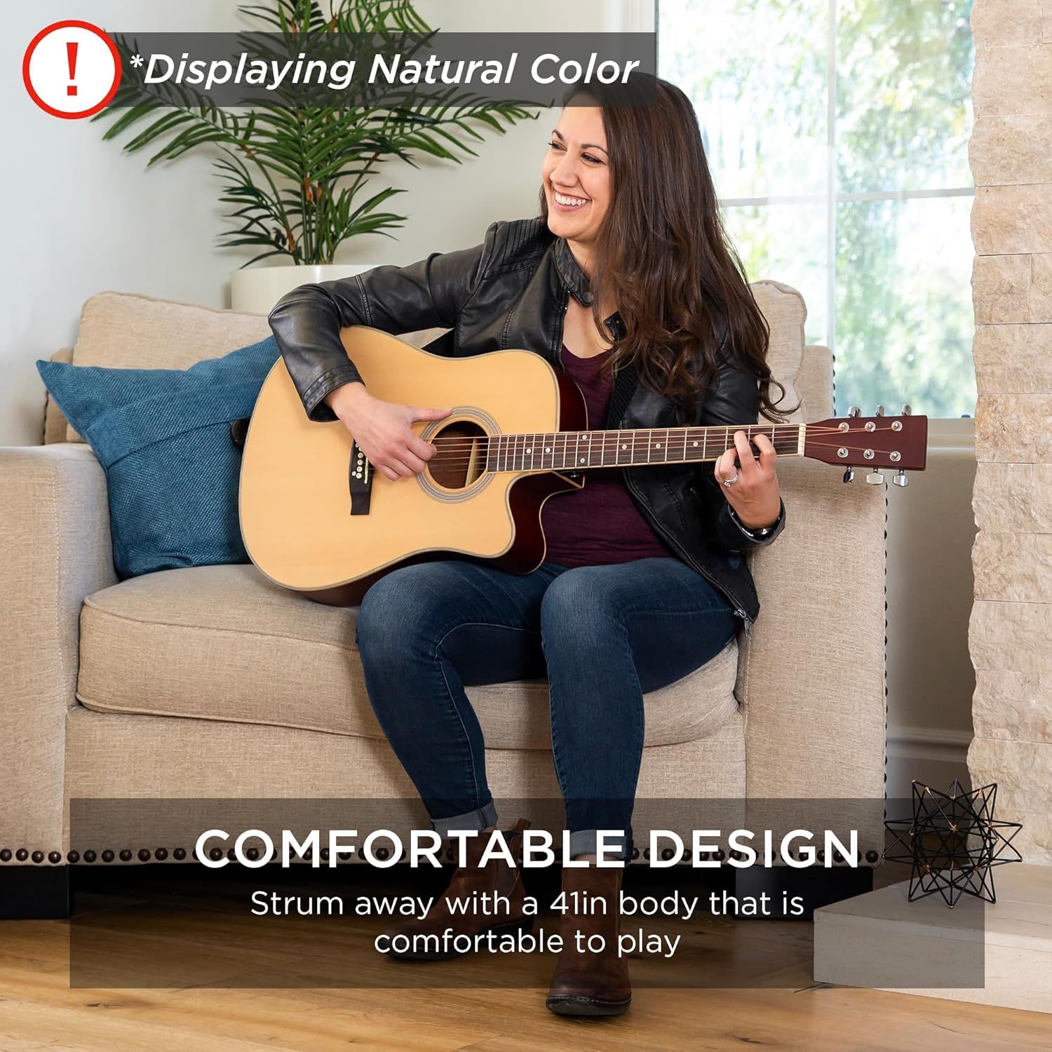 Communicates that the guitar features a comfortable 41-inch body design that is easy and pleasant to play, reassuring shoppers about playability and ergonomics.