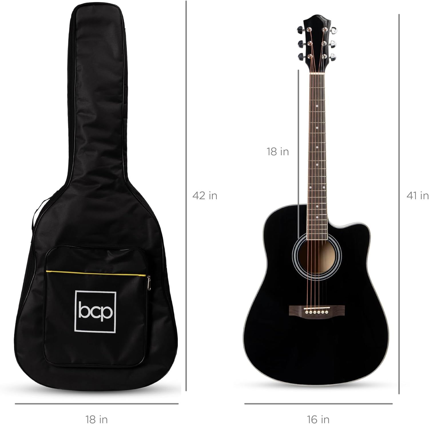 Communicates the exact physical dimensions of the guitar and its case to help shoppers understand the size and ensure it fits their needs or storage space.