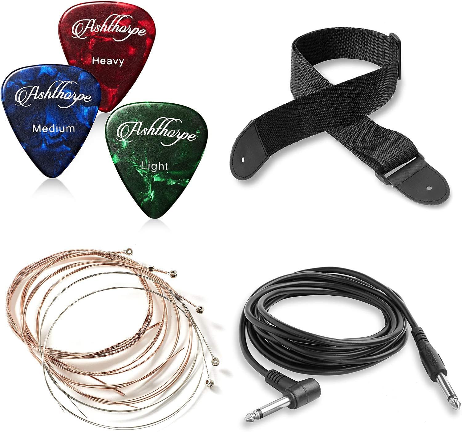 Shows all the items included in the purchase—guitar picks in multiple gauges, a guitar strap, replacement strings, and an instrument cable—to communicate the complete value of the bundle.