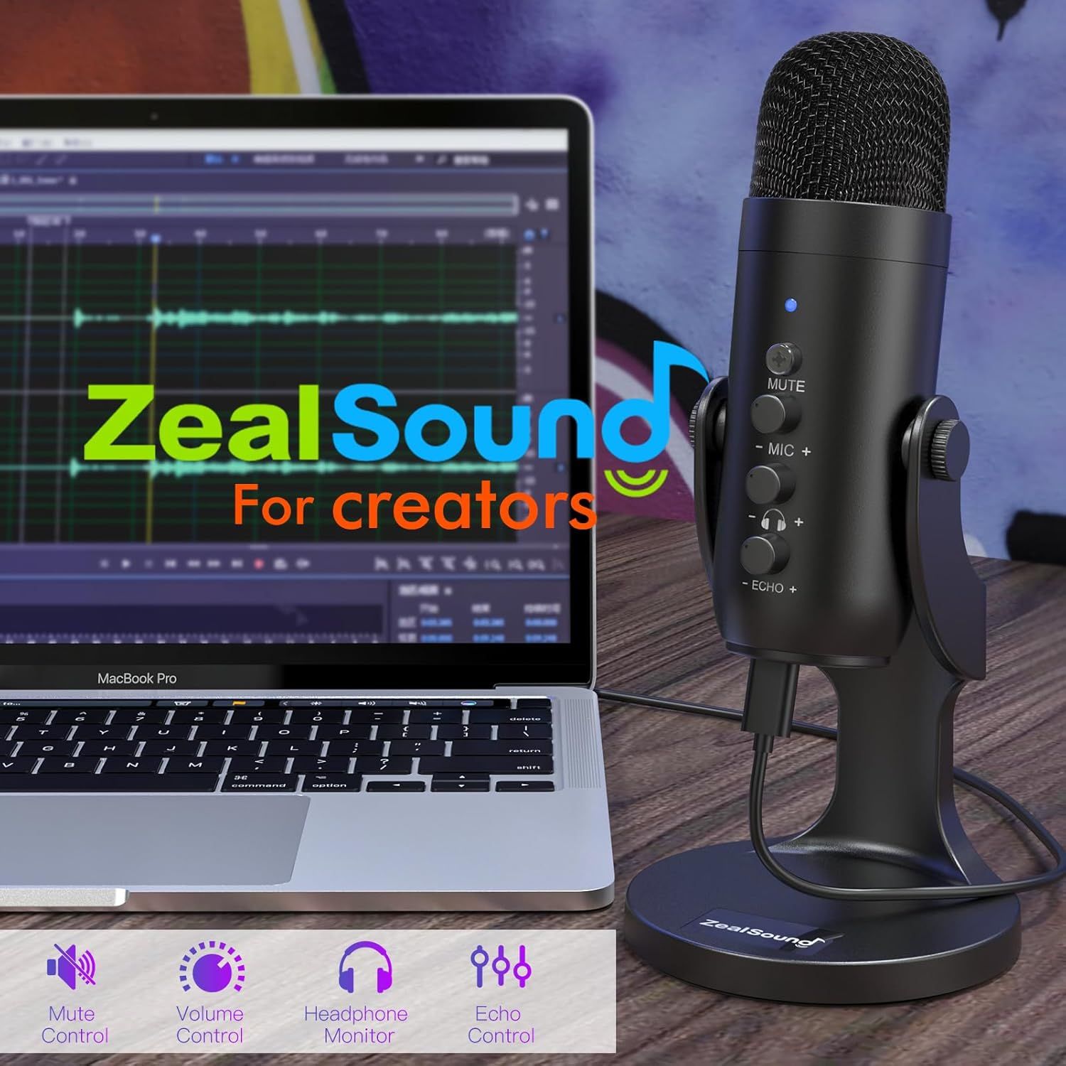Highlights the microphone's multiple built-in controls (mute, volume, headphone monitoring, and echo) to show creators they can manage audio settings directly on the device without additional…