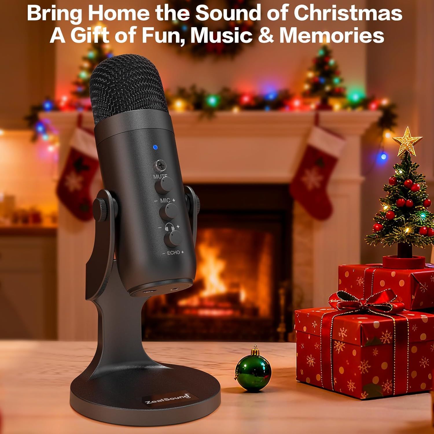 Positions the microphone as a perfect Christmas gift by showcasing it in a festive holiday setting with Christmas decorations, gifts, and seasonal messaging to drive holiday purchase intent. Shows…